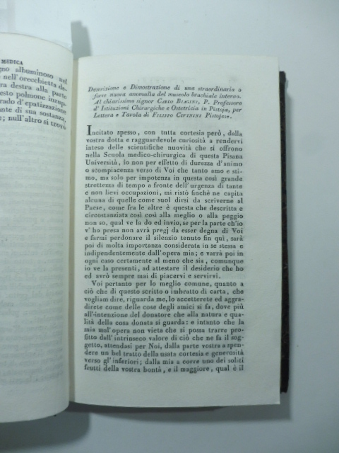 Descrizione e dimostrazione di una straordinaria o forse nuova anomaliadel muscolo brachiale interno...per lettera e tavola di F. Civinini pistojese. (Stralcio da: Nuovo giornale de' letterati. N. 79. 1835)